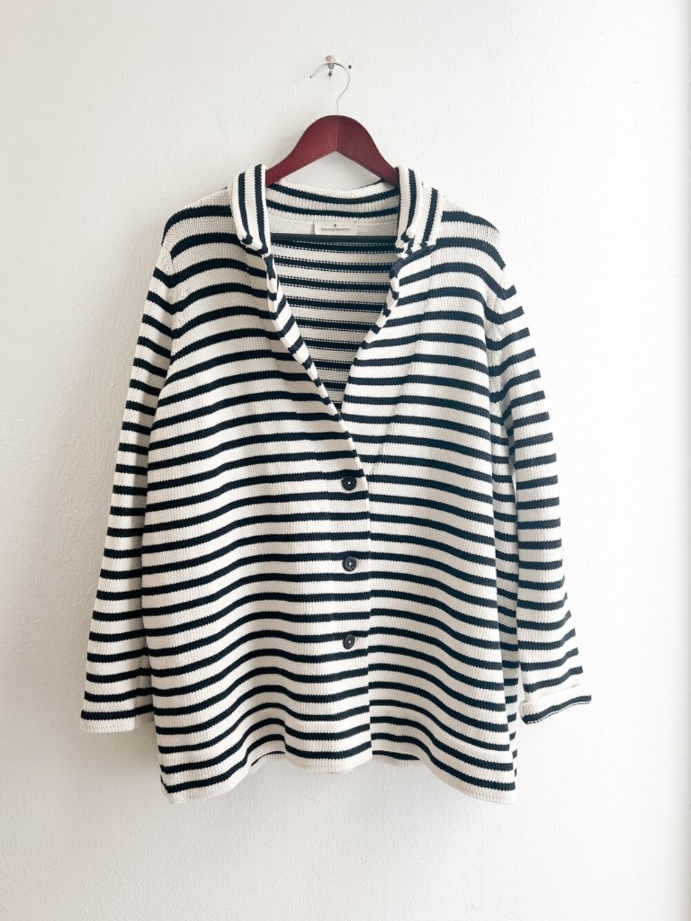 Bruno Manetti Nautical Oversized Cotton Blend Navy + Cream Knit Cardigan